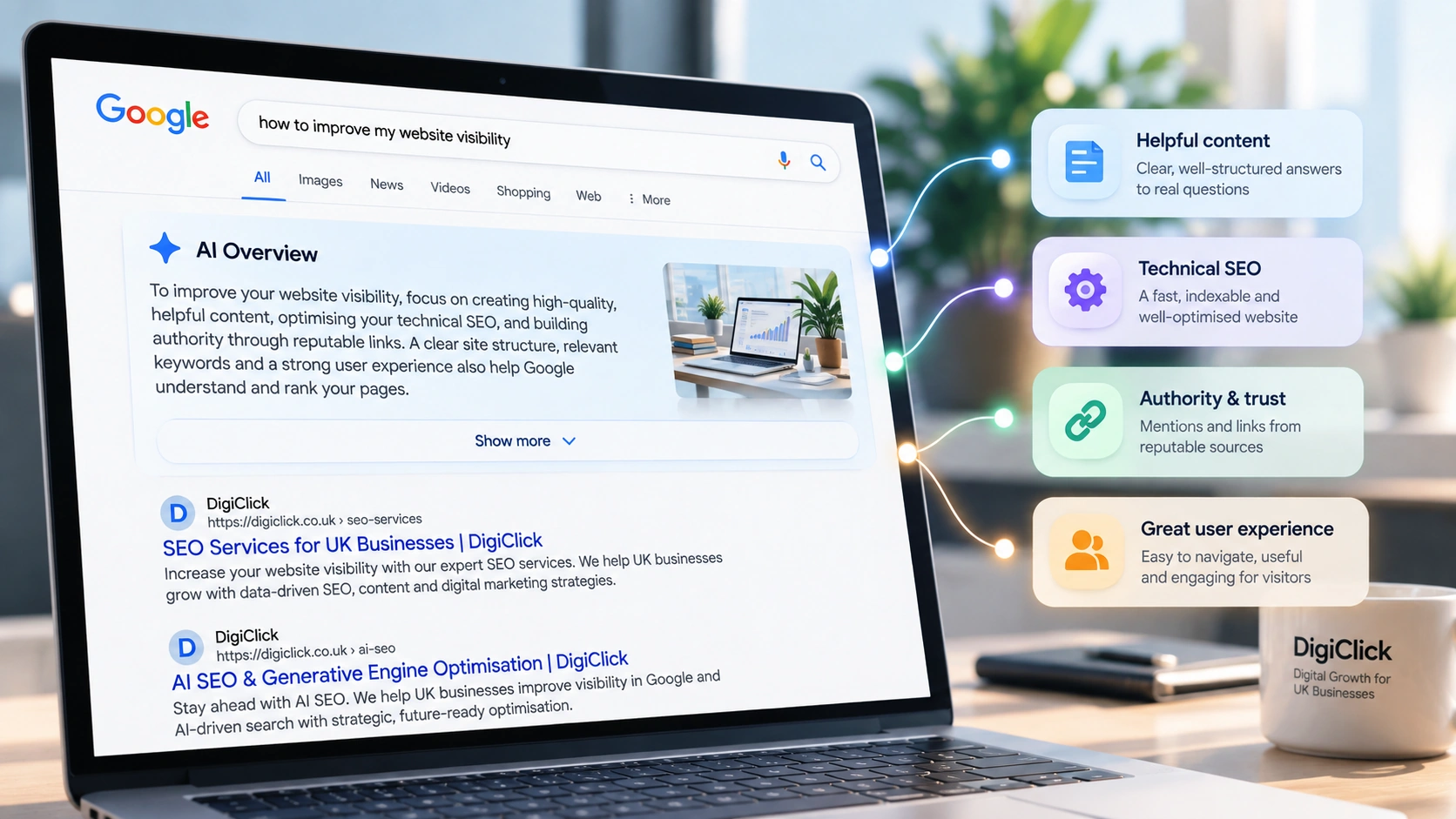 Conceptual illustration showing helpful content, technical SEO, authority and user experience as foundations for visibility in Google Search and AI Overviews