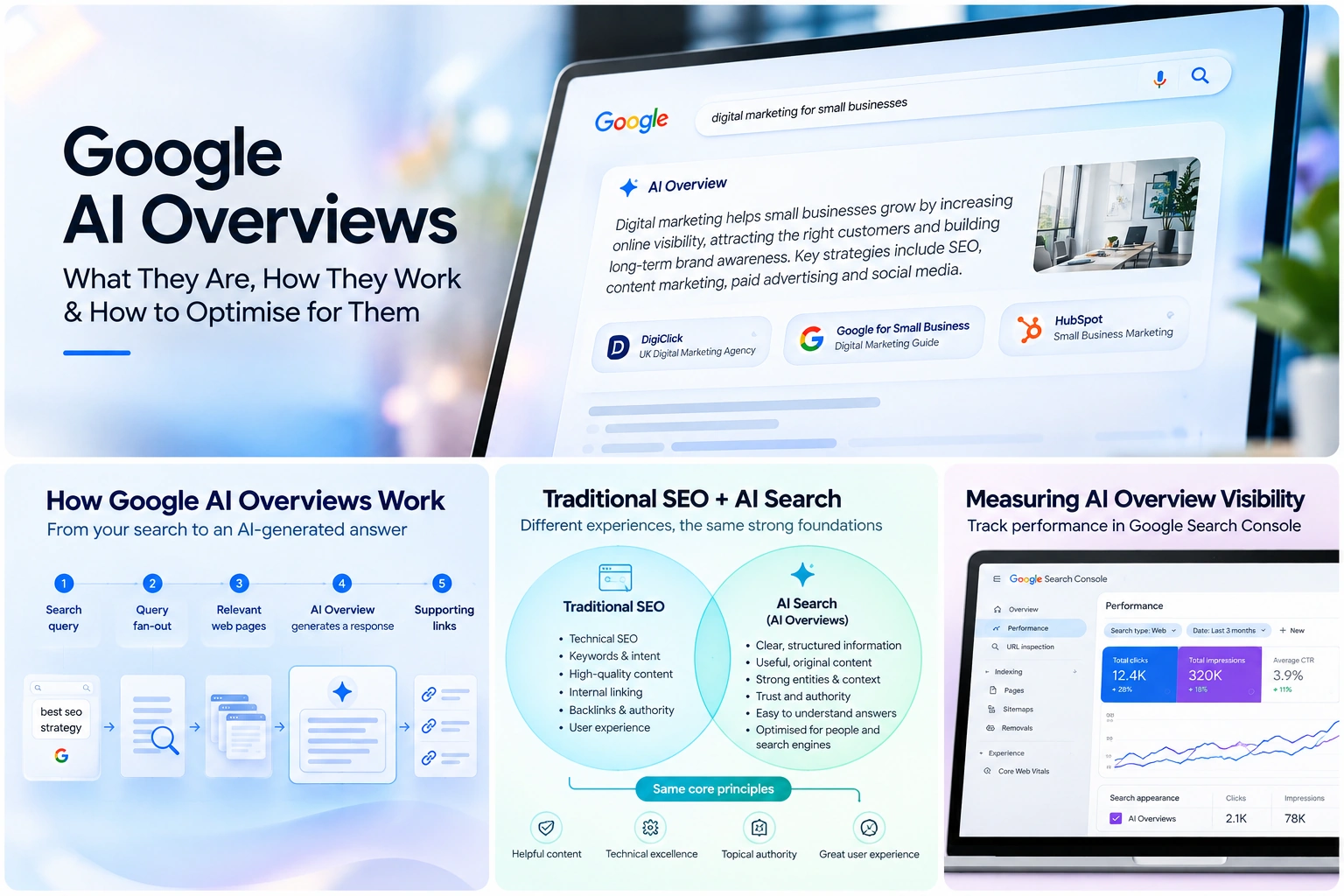 Conceptual illustration of a search query branching into related research paths, relevant web pages and a Google AI Overview with supporting links