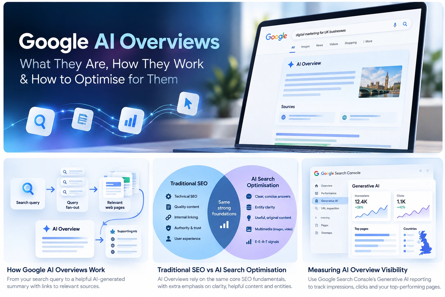 Conceptual illustration of Google AI Overviews, supporting sources and AI-assisted search for UK businesses